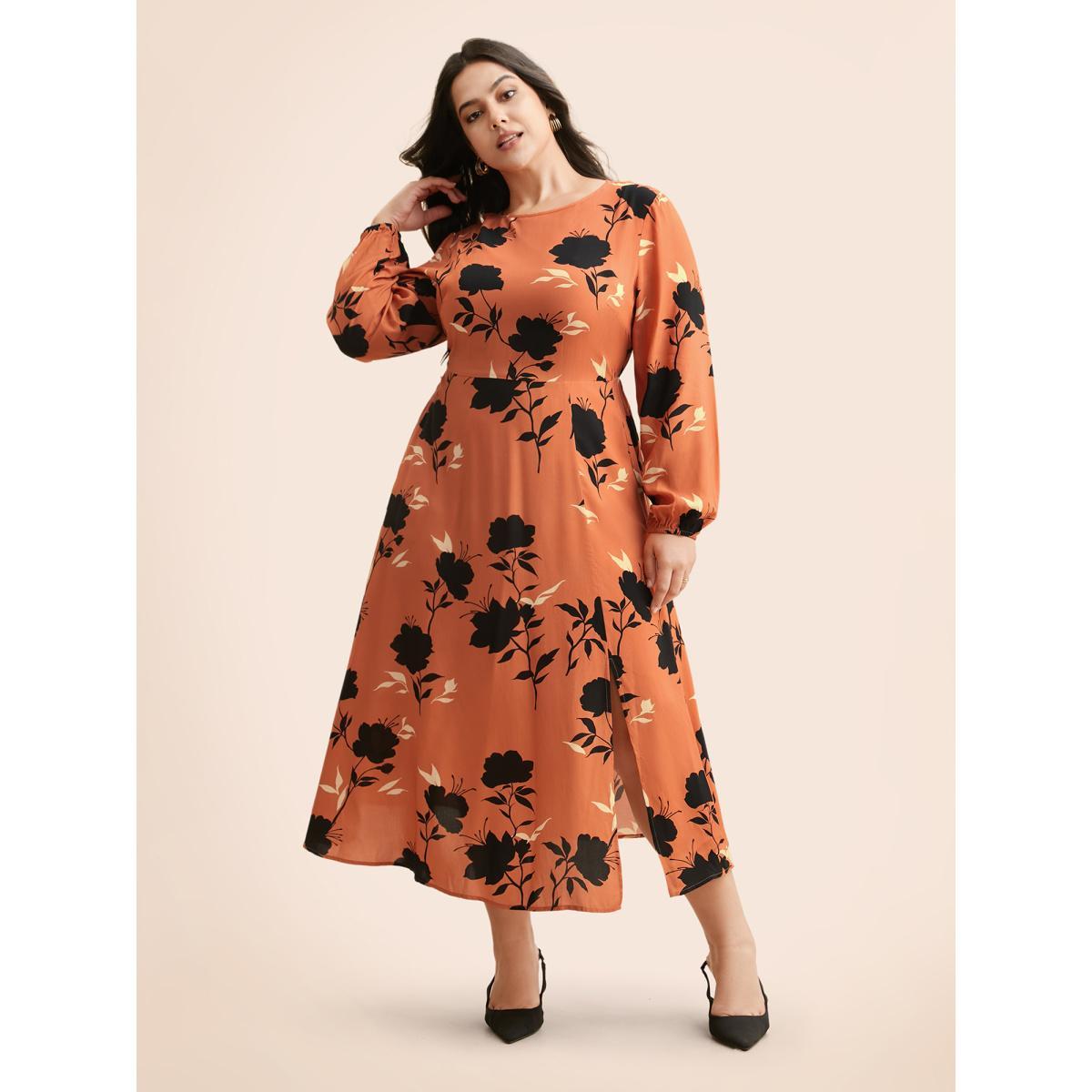 Plus Size Silhouette Floral Print Lantern Sleeve Slit Hem Dress Coral Women Elegant Slit Round Neck Long Sleeve Curvy BloomChic 14-16/1X Product Image
