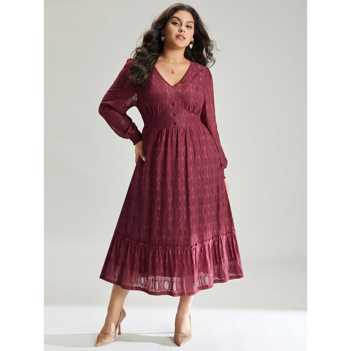 Plus Size Contrast Lace Button Detail Shirred Ruffle Hem Dress Scarlet Women Glamour Texture V-neck Long Sleeve Curvy Midi Dress BloomChic 18-20/2X Product Image