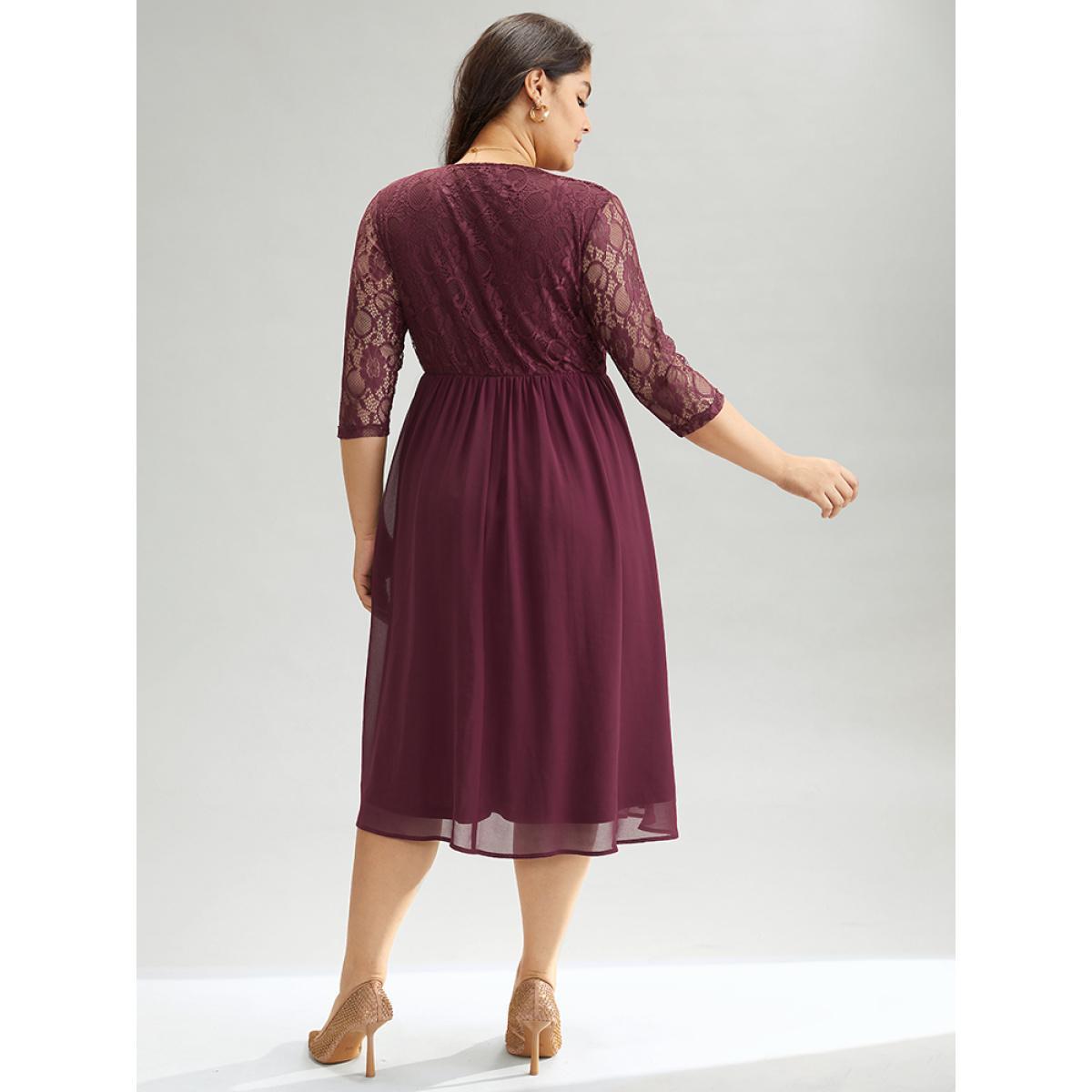 Plus Size Chiffon Crochet Lace Mesh Surplice Neck Dress Burgundy Women Elegant Texture Overlap Collar Elbow-length sleeve Curvy Midi Dress BloomChic 14-16/1X Product Image