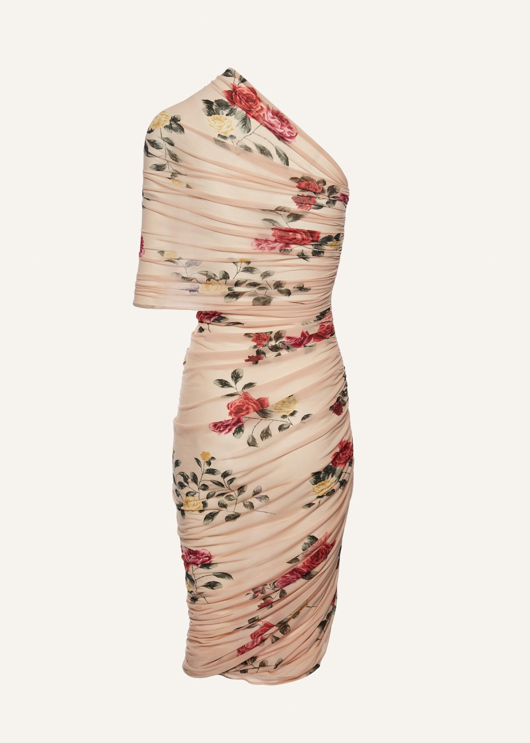 One shoulder draped midi dress in beige print Product Image