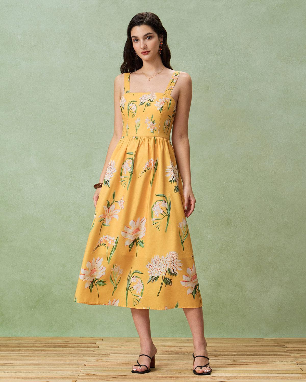 Yellow Floral A-Line Slip Midi Dress Product Image