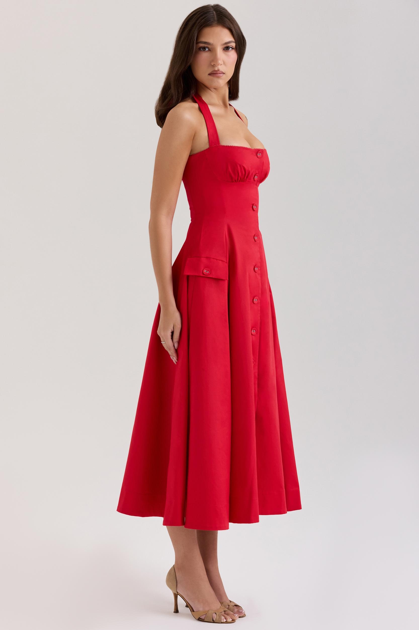 Claudia  red stretch cotton button halter neck midi dress Product Image