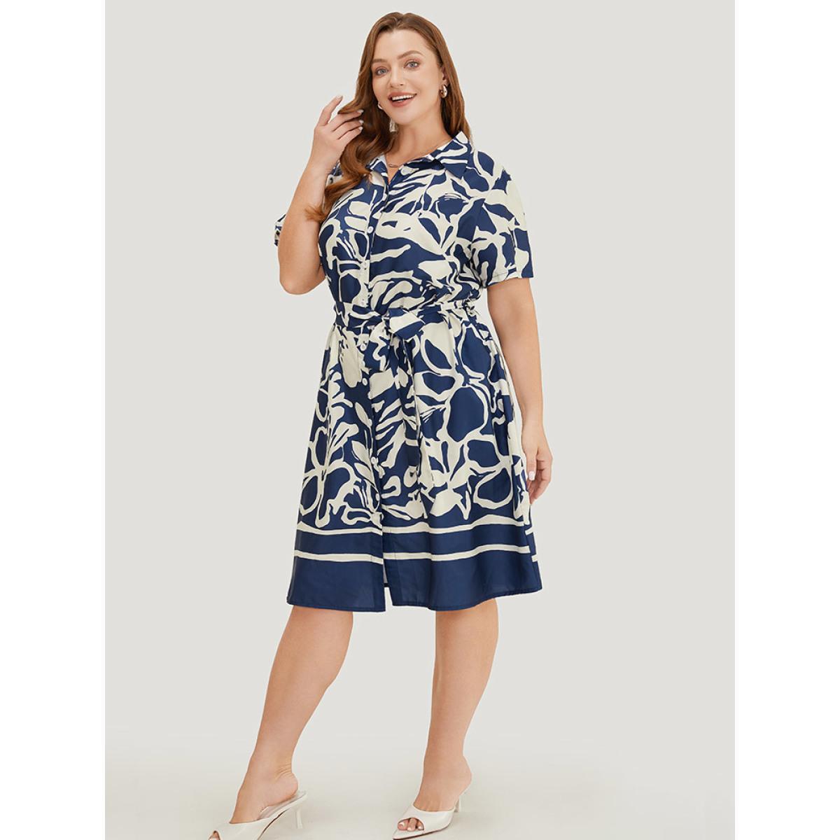 Plus Size Geometric Print Flutter Pocket Belt Shirt Collar Dress DarkBlue Women Elegant Lapel Collar Short sleeve Curvy Knee Dress BloomChic 28/5X Product Image