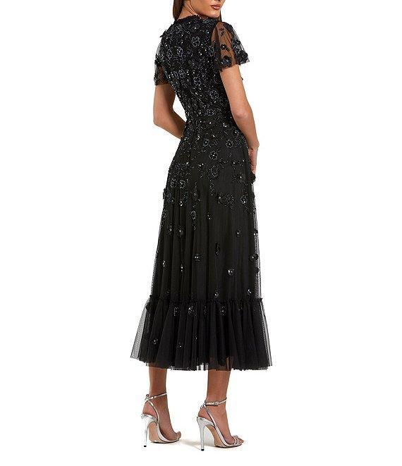 Mac Duggal Beaded Crew Neck Short Sleeve A-Line Midi Dress Product Image