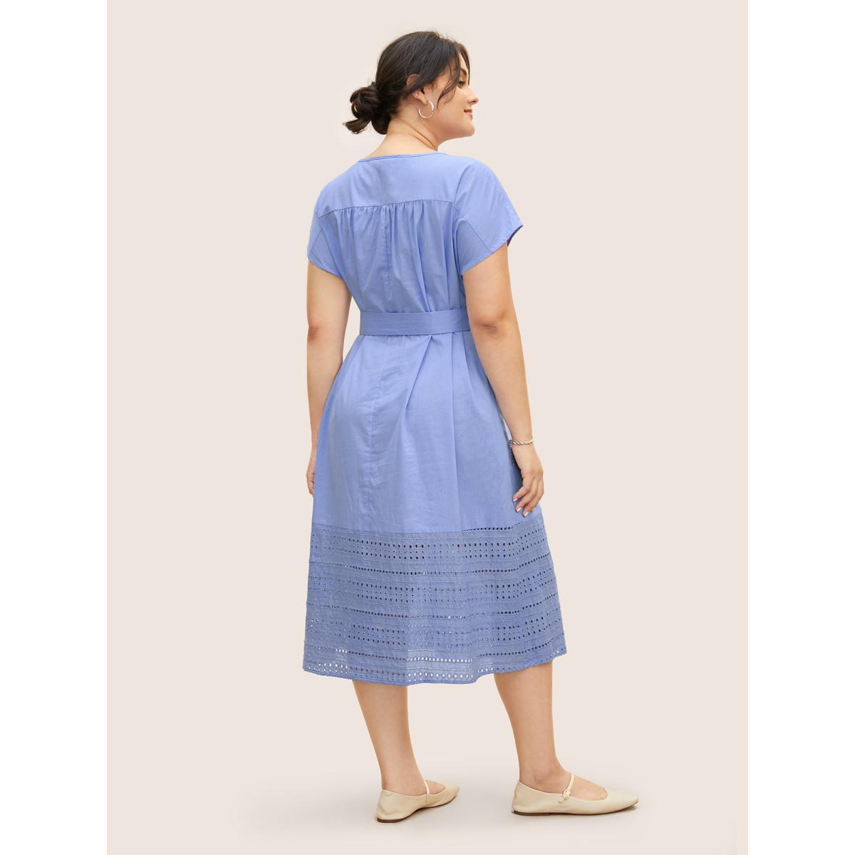 Plus Size Solid Dolman Sleeve Broderie Anglaise Belted Dress Bluepurple Women Casual Woven ribbon&lace trim Round Neck Cap Sleeve Curvy BloomChic 22-24/3X Product Image
