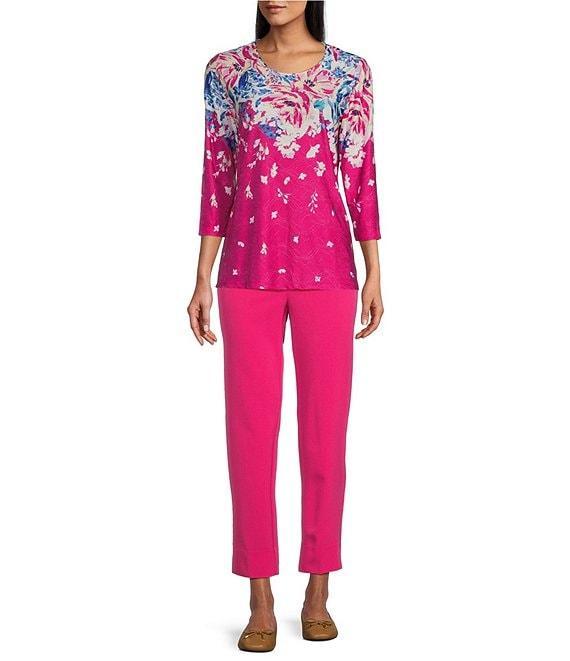 Allison Daley Embellished Floral Print 3/4 Sleeve Crew Neck Linear Jacquard Knit Top Product Image