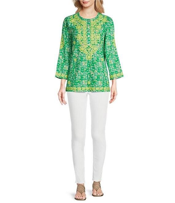 Calessa Mini Floral Embroidered Round Neck Wrist Length Sleeve Tunic Product Image