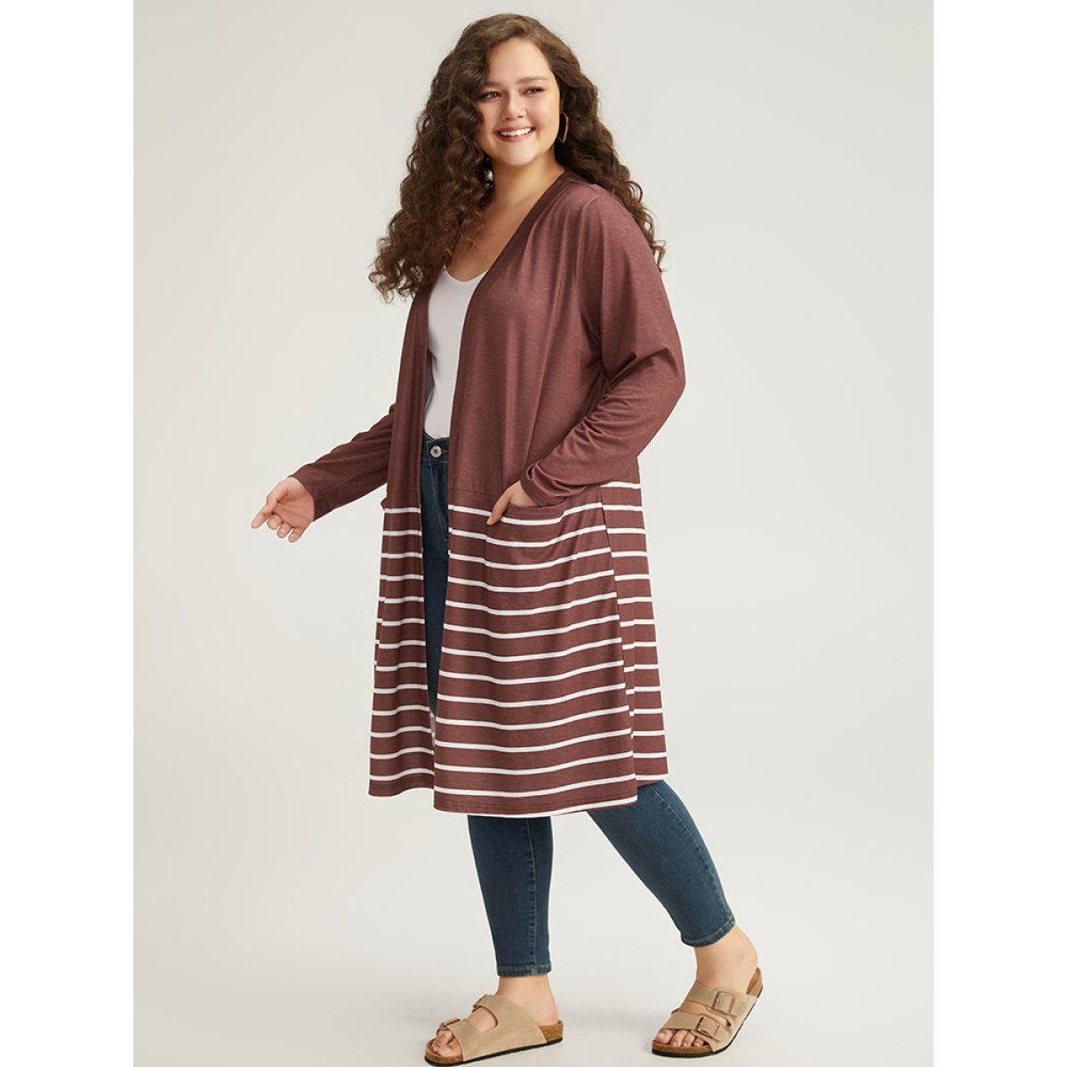 Plus Size Striped Contrast Pocket Open Front Kimono Women DarkBrown Casual Contrast Pocket Dailywear Kimonos BloomChic 30/6X Product Image
