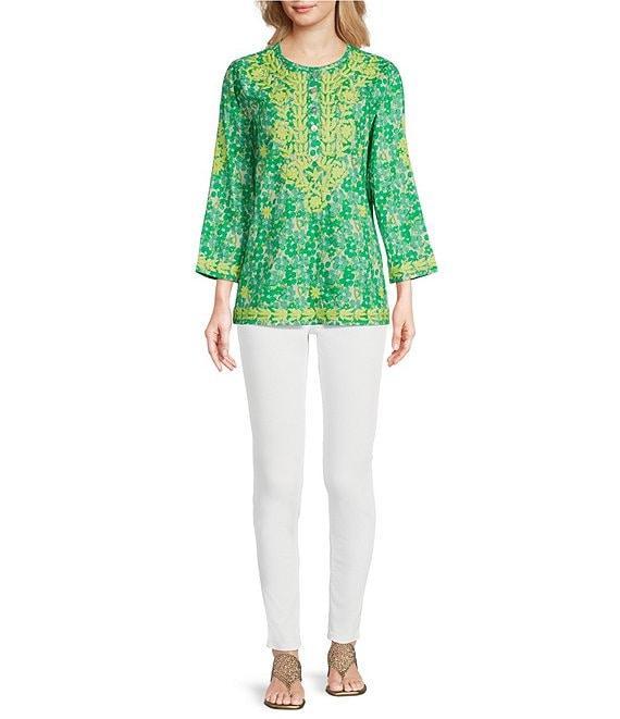Calessa Mini Floral Embroidered Round Neck Wrist Length Sleeve Tunic Product Image