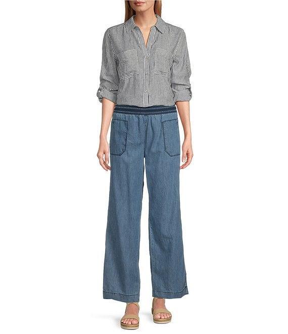 Westbound 3/4 Roll-Tab Sleeve Point Collar Y-Neck Button Front Top Product Image