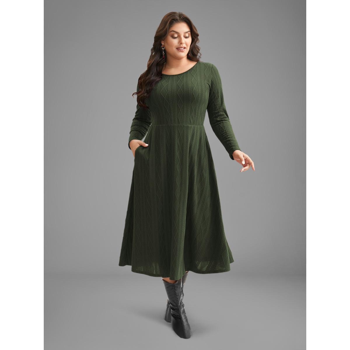 Plus Size Textured Knit Fit-And-Flare Midi Dress ArmyGreen Women Casual Texture Round Neck Long Sleeve Curvy BloomChic 12/L Product Image