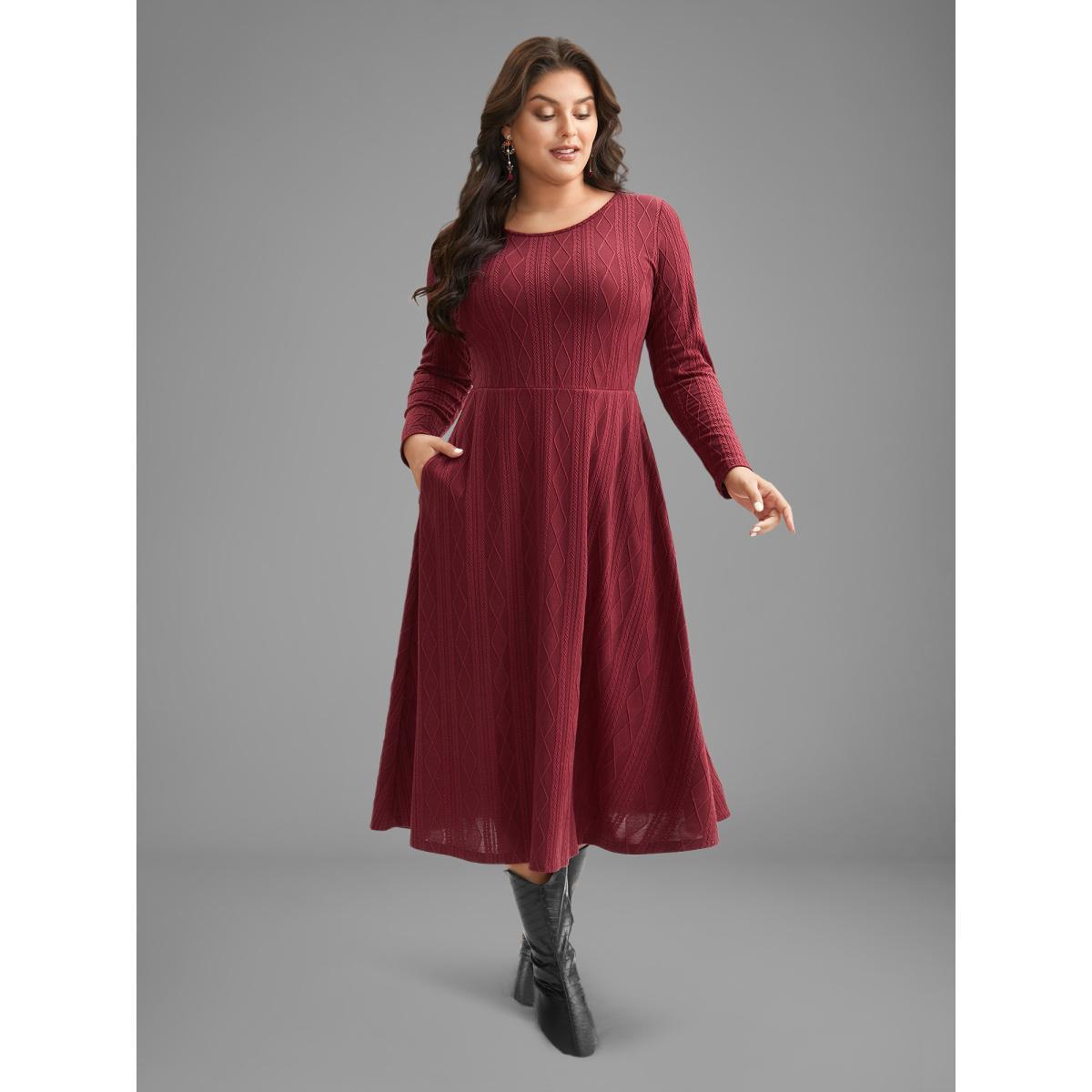Plus Size Textured Knit Fit-And-Flare Midi Dress Burgundy Women Casual Texture Round Neck Long Sleeve Curvy BloomChic 12/L Product Image