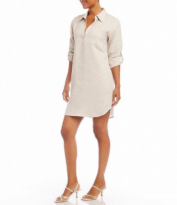Karen Kane Collared V-Neck 3/4 Roll-Tab Sleeve Linen Shirtdress Product Image