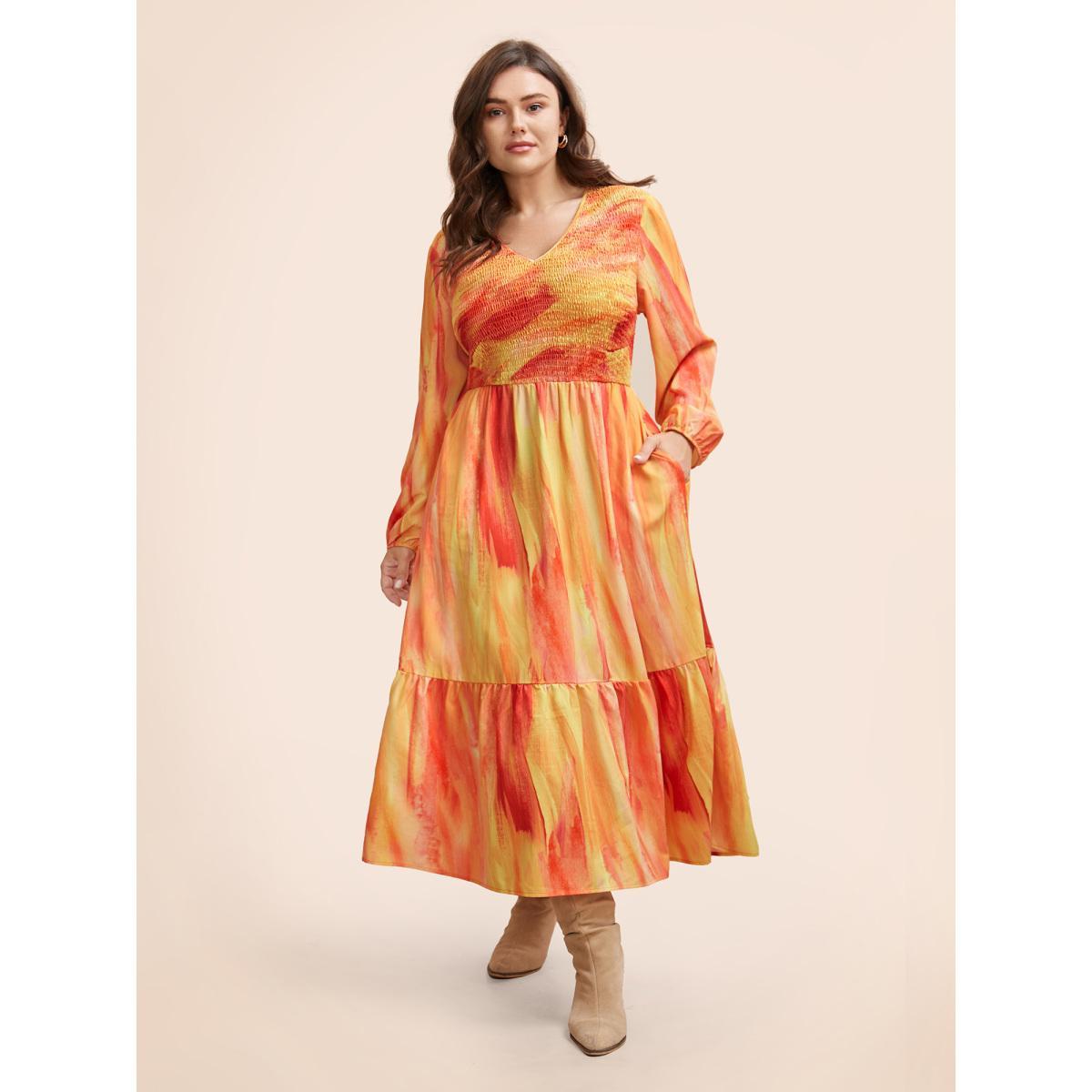 Plus Size Gradient Dyeing Shirred Ruffle Hem Dress Multicolor Women Elegant Gathered V-neck Long Sleeve Curvy BloomChic 14-16/1X Product Image