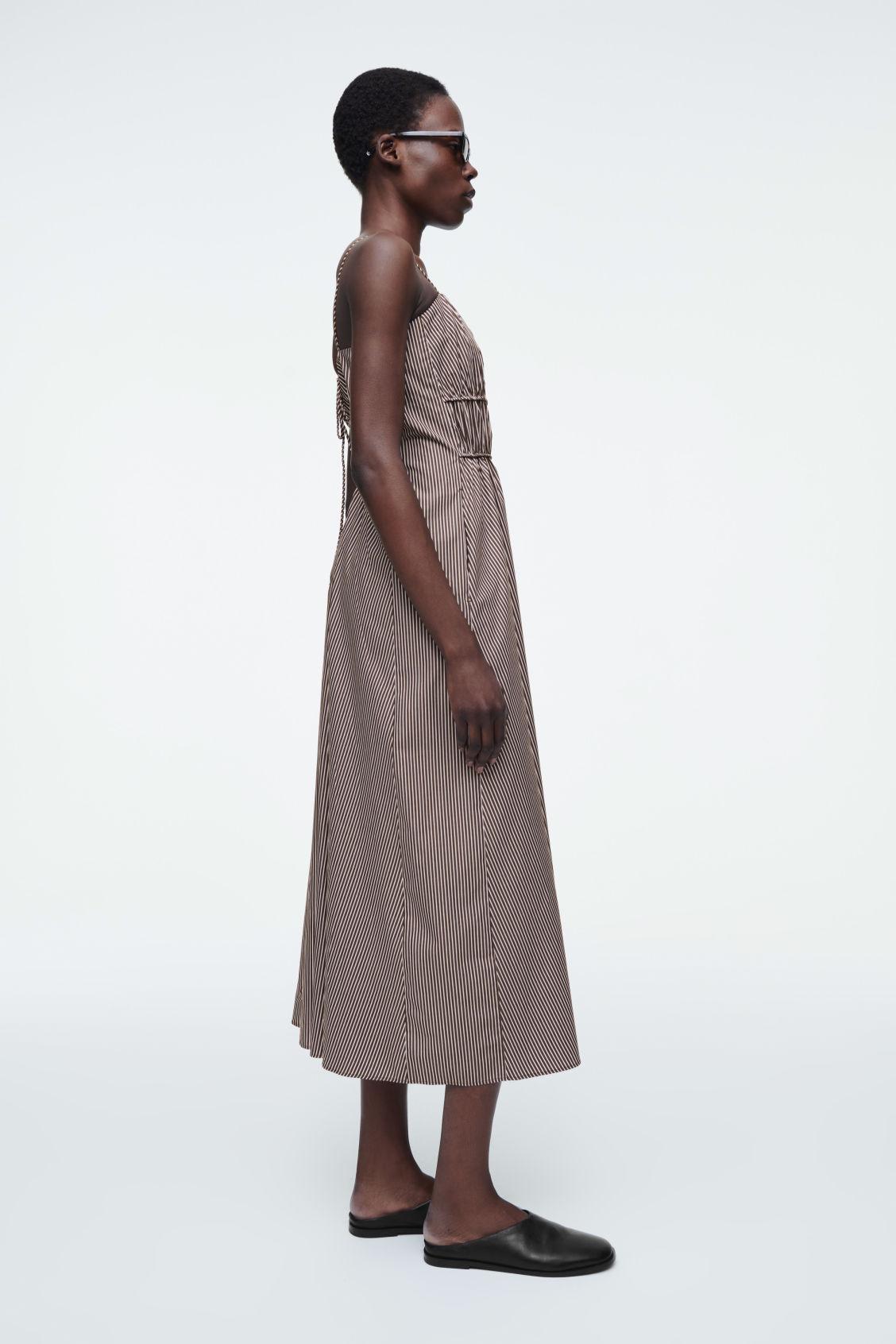 STRIPED GATHERED-WAIST MIDI DRESS Product Image