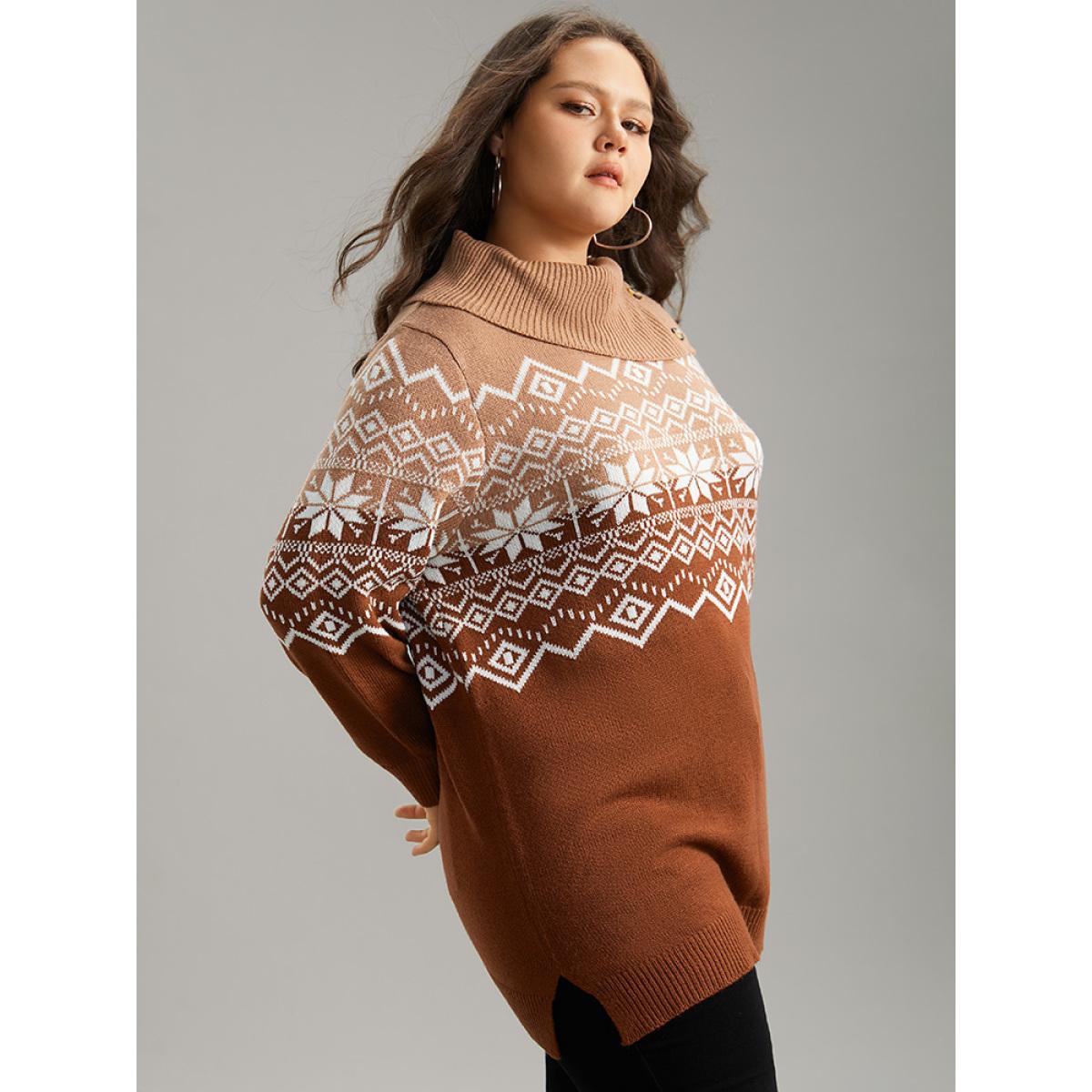Plus Size Snowflake Print Button Detail Split Side Pullover Multicolor Women Casual Loose Long Sleeve Lapel Collar Festival-Christmas Pullovers BloomChic 30/6X Product Image