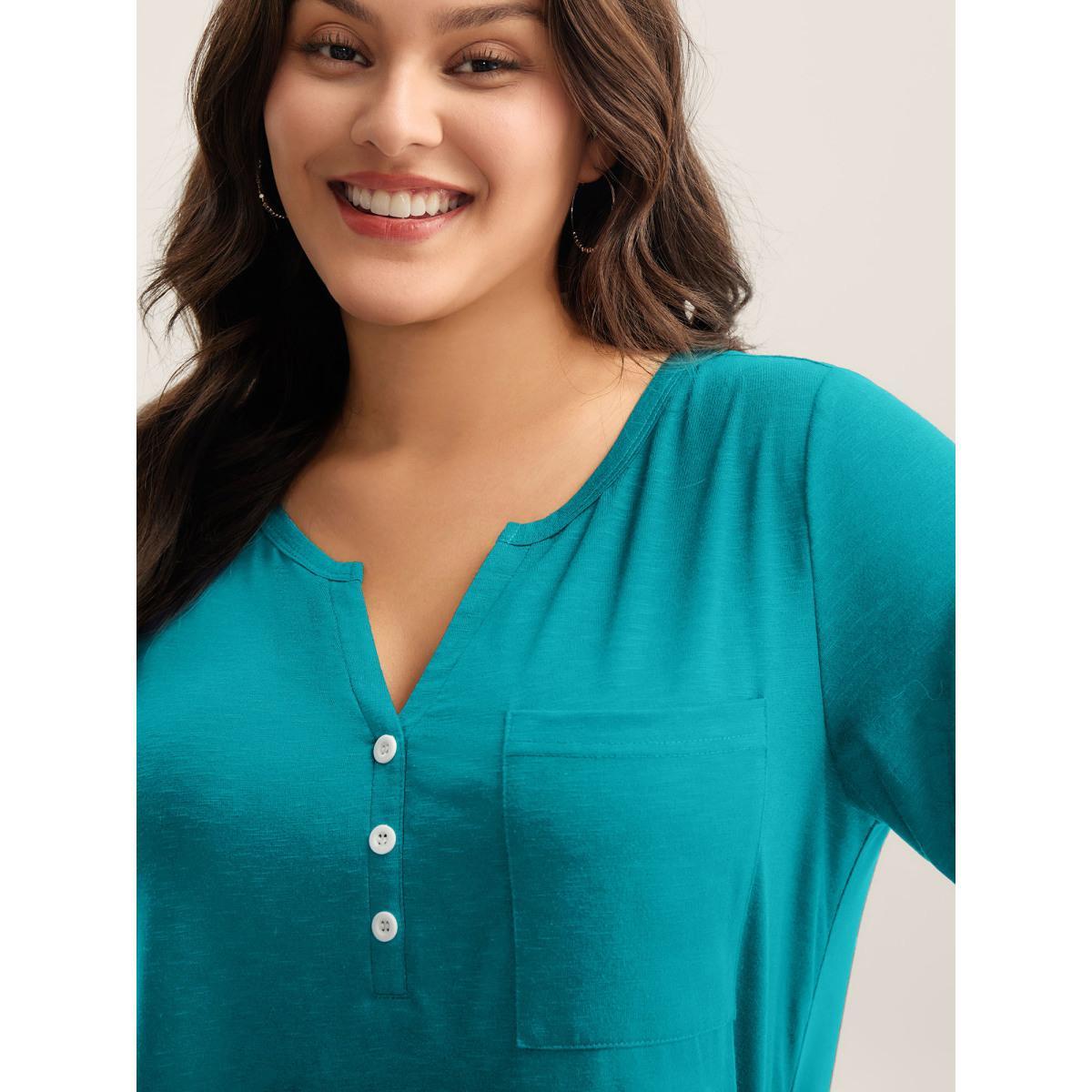 Plus Size Solid Split Neck Button Detail T-Shirt Cerulean Women Button Notched collar Everyday-Casual T-shirts BloomChic 28/5X Product Image