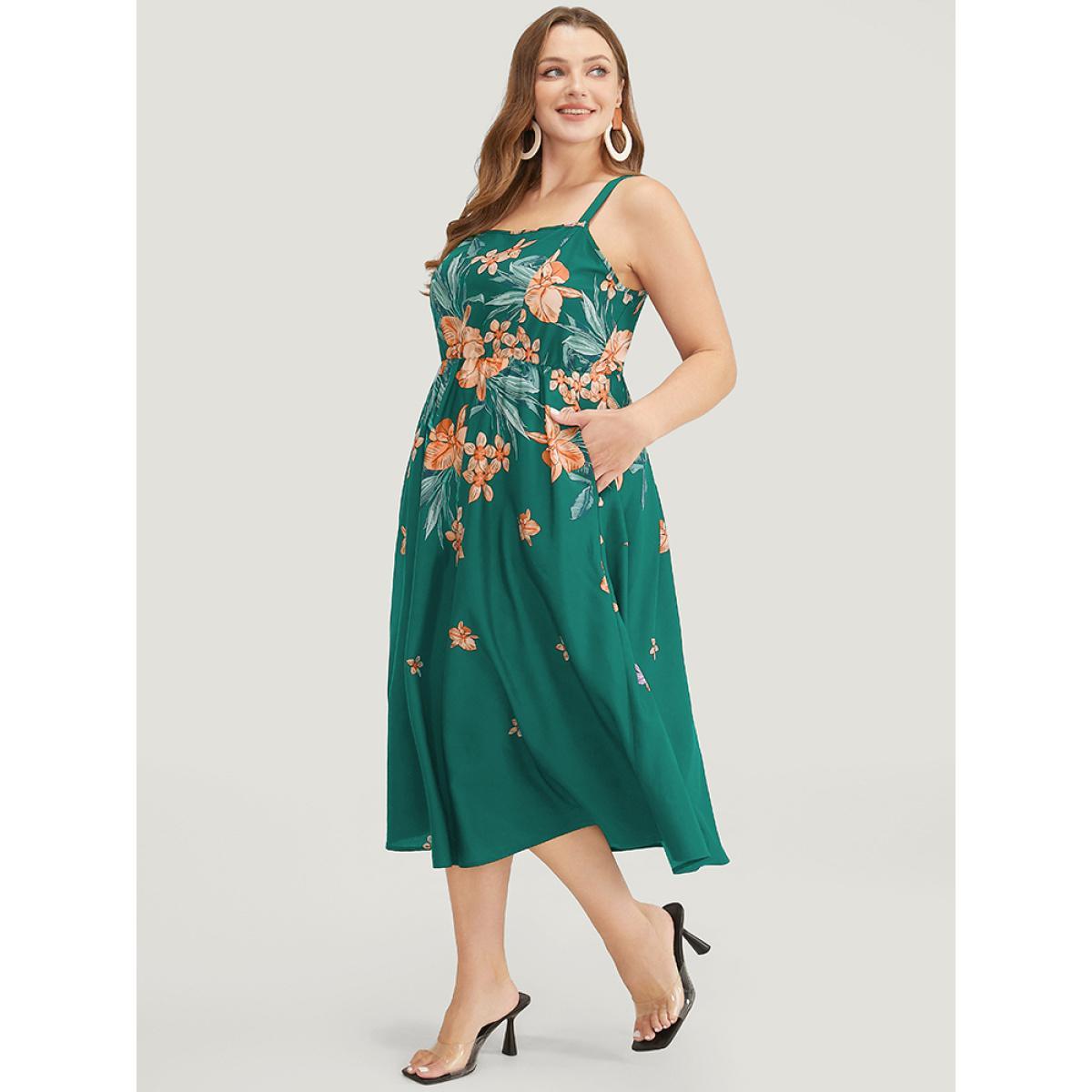 Plus Size Floral Pocket Adjustable Straps Ruffle Hem Cami Dress Green Women Elegant Adjustable Straps Spaghetti Strap Sleeveless Curvy Midi Dress BloomChic 26/4X Product Image