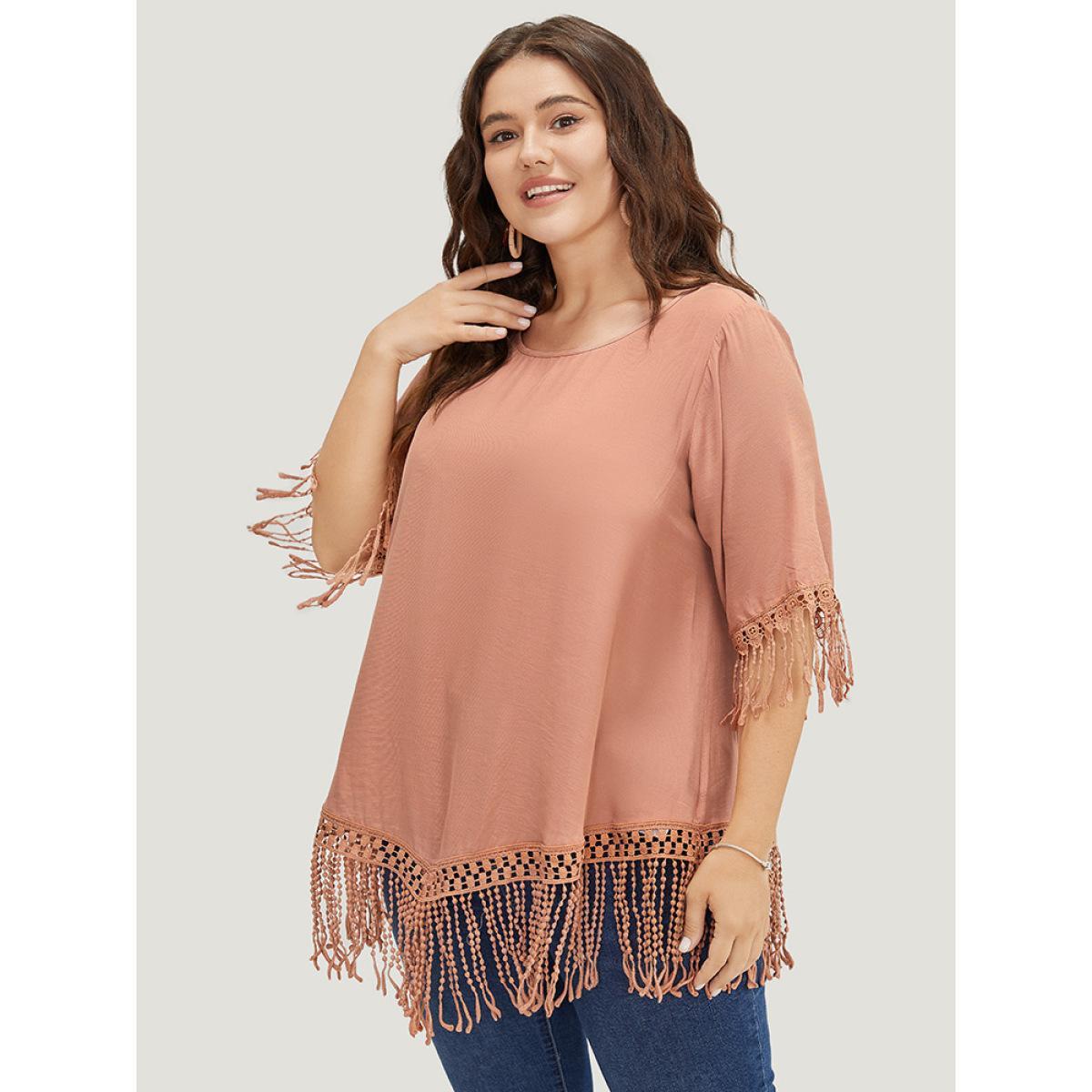 Plus Size Coral Plain Round Neck Asymmetrical Lace Fringe Hem Blouse Women Vacation Elbow-length sleeve Round Neck Dailywear Blouses BloomChic 12/L Product Image