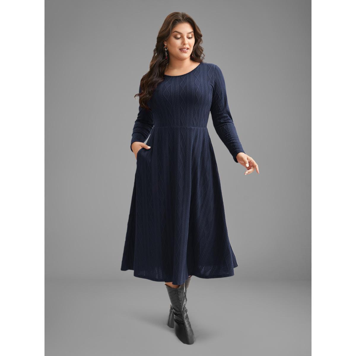 Plus Size Textured Knit Fit-And-Flare Midi Dress Midnight Women Casual Texture Round Neck Long Sleeve Curvy BloomChic 14-16/1X Product Image