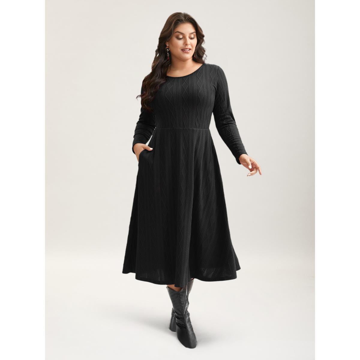 Plus Size Textured Knit Fit-And-Flare Midi Dress Black Women Casual Texture Round Neck Long Sleeve Curvy BloomChic 22-24/3X Product Image