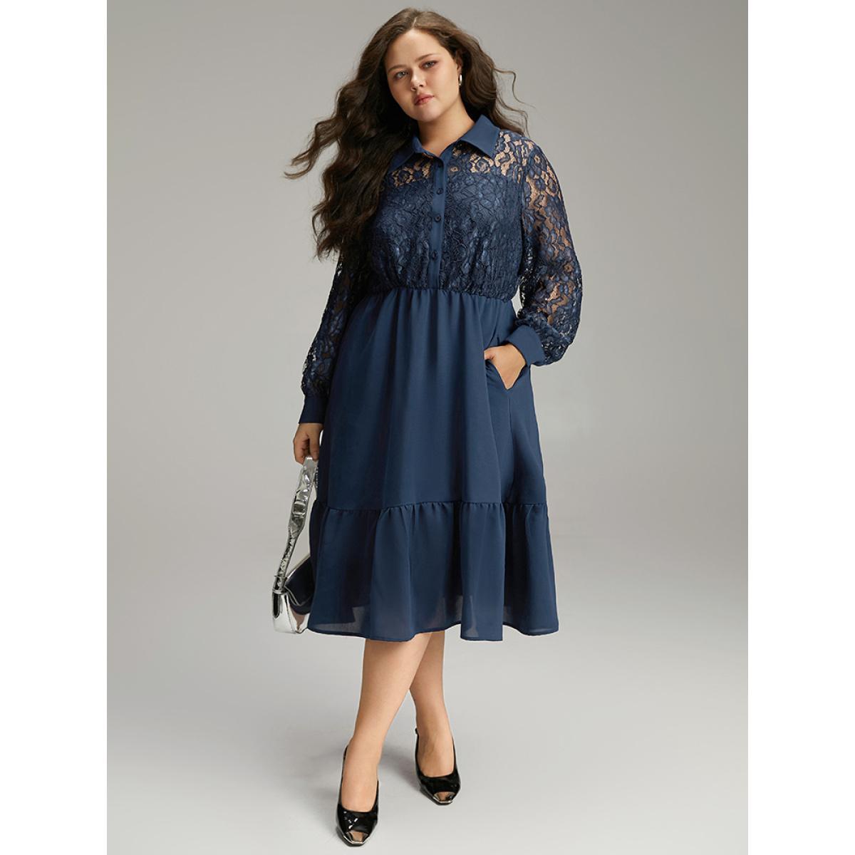 Plus Size Contrast Lace Shirt Collar Ruffle Hem Dress Indigo Women Office Plain Shirt collar Long Sleeve Curvy Midi Dress BloomChic 12/L Product Image