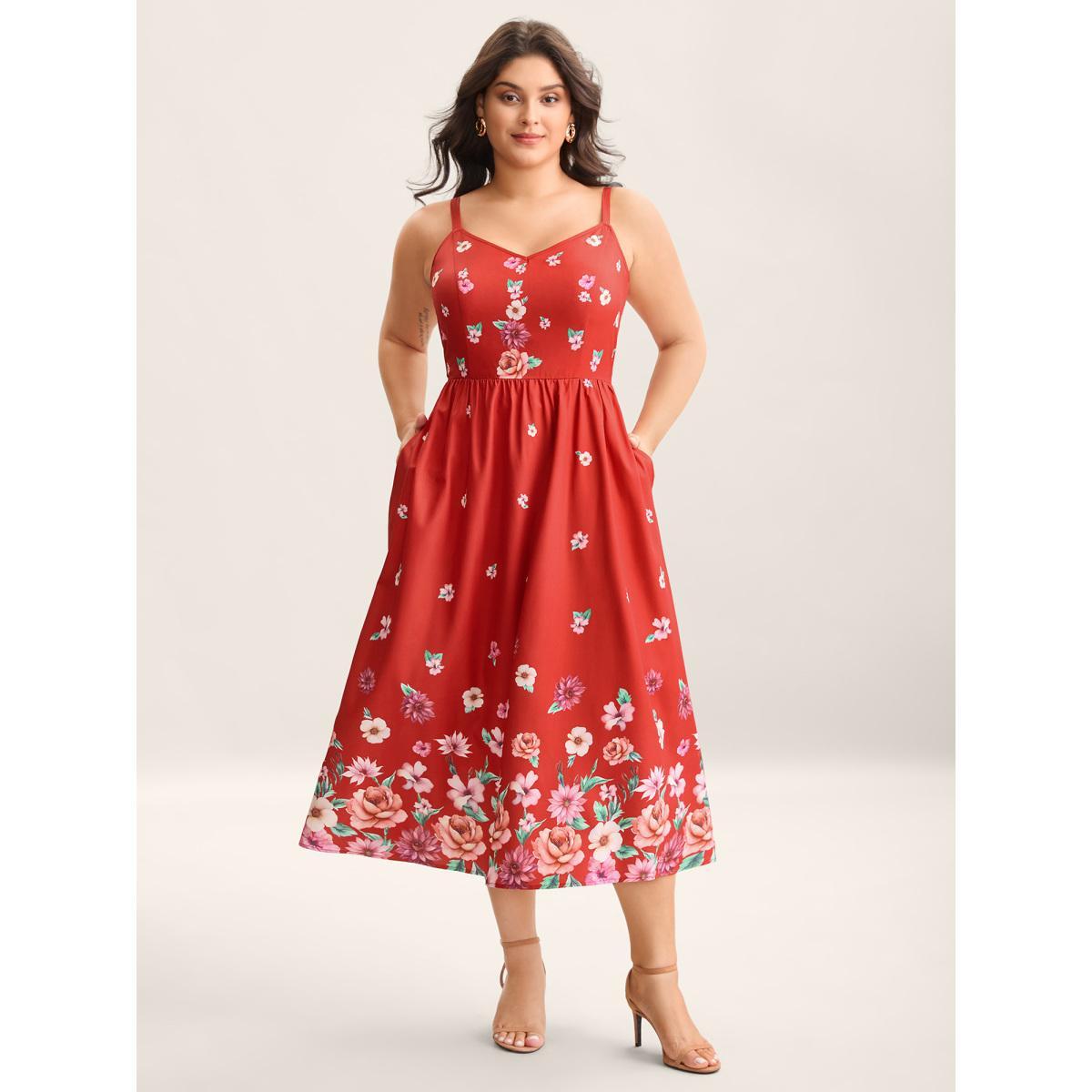 Plus Size Blooming Flowers V Neck Pockets Dress Crimson Women V-neck Sleeveless Curvy BloomChic 26/4X Product Image