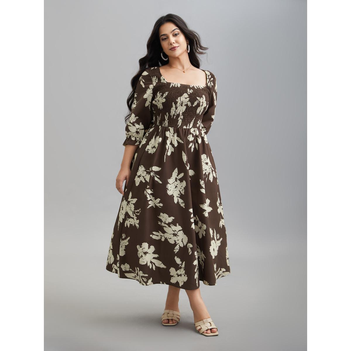 Plus Size Leaf Print Square Neck Ruffled Shirred Midi Dress Browncoffeecolor Women Elegant Shirred Square Neck Elbow-length sleeve Curvy BloomChic 12/L Product Image