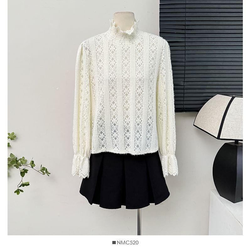 Bell-Sleeve High-Neck Lace Top Product Image