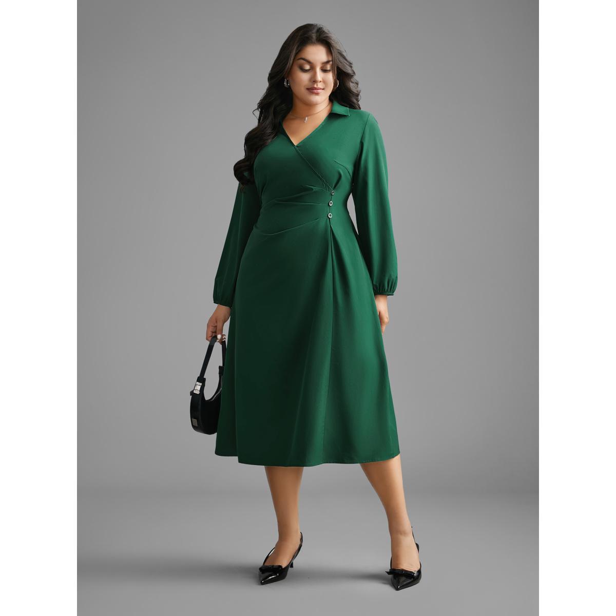 Plus Size Shirt Collar Pleated Button Detail Dress ArmyGreen Women At the Office Pleated Shirt collar Long Sleeve Curvy BloomChic 28/5X Product Image