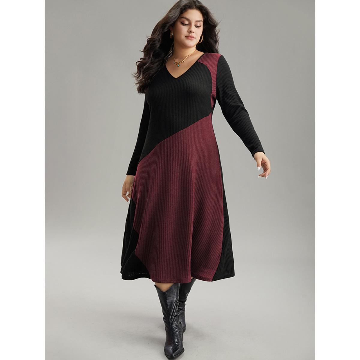 Plus Size Two Tone Patchwork V Neck Dress Burgundy Women Casual Patchwork V-neck Long Sleeve Curvy Midi Dress BloomChic 18-20/2X Product Image