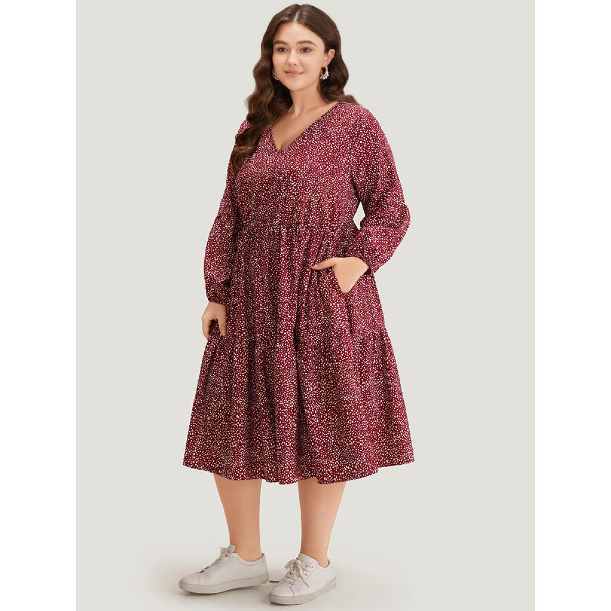 Plus Size Leopard Print Pocket Flutter Hem Dress Burgundy Women Casual Elastic cuffs V-neck Long Sleeve Curvy Midi Dress BloomChic 28/5X Product Image