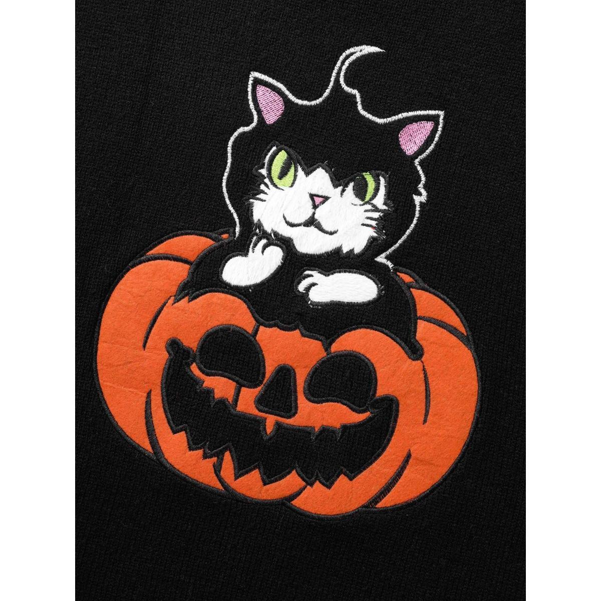 Plus Size Embroidered Cat In Pumpkin Crew Neck Pullover Black Women Casual Long Sleeve Round Neck Everyday Pullovers BloomChic 14-16/1X Product Image
