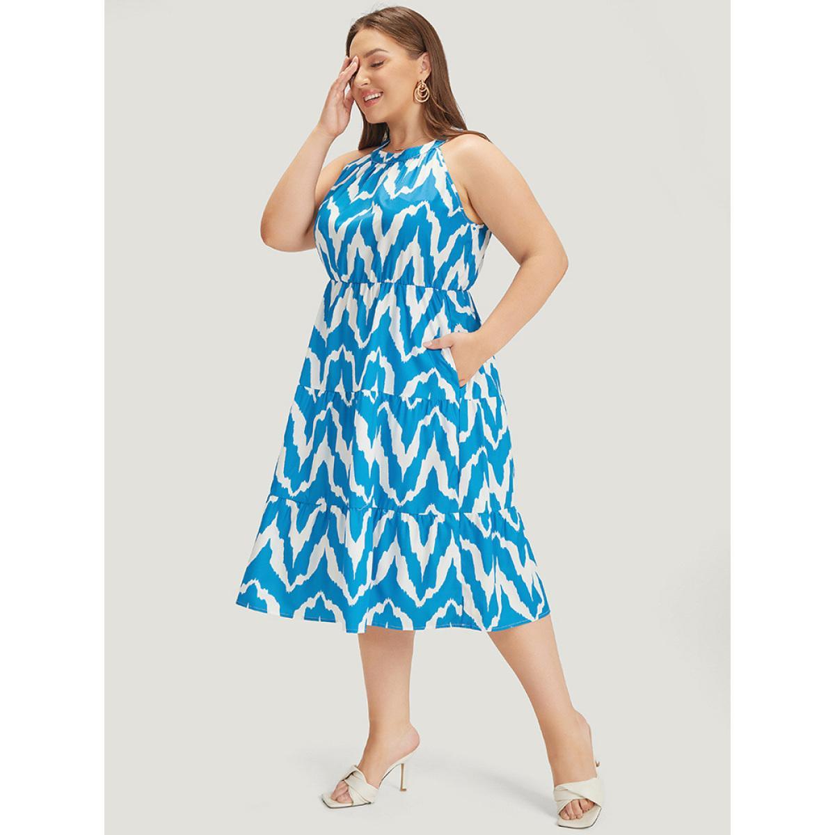 Plus Size Geometric Print Halter Pocket Ruffle Tiered Dress Blue Women Elegant Contrast Halter neck Sleeveless Curvy Midi Dress BloomChic 30/6X Product Image