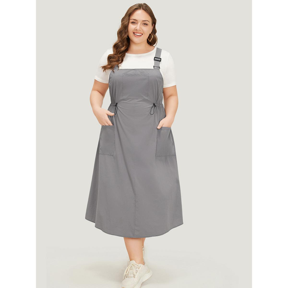 Plus Size Plain Adjustable Straps Pocket Drawstring Side Overall Dress Gray Women Casual Adjustable Straps Spaghetti Strap Sleeveless Curvy Midi Dress BloomChic 14-16/1X Product Image