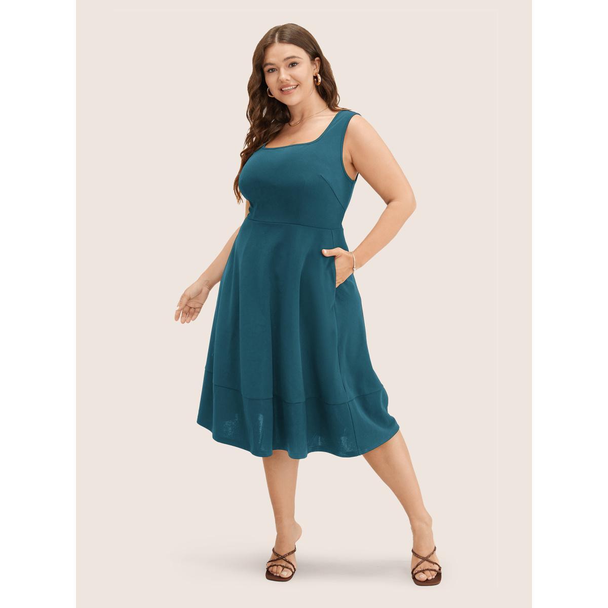 Plus Size Solid Pocket Sleeveless Ruffle Hem Tank Dress Aegean Women Workwear Essentials Non Round Neck Sleeveless Curvy Midi Dress BloomChic 26/4X Product Image