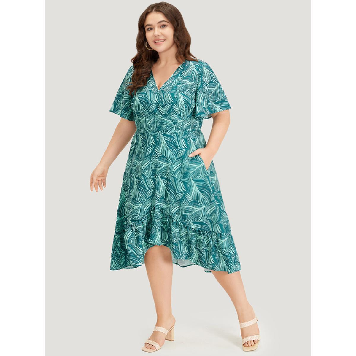 Plus Size Plant Print Ruffles Pocket Asymmetrical Hem Wrap Dress Green Women Vacation Wrap V-neck Short sleeve Curvy Midi Dress BloomChic 26/4X Product Image
