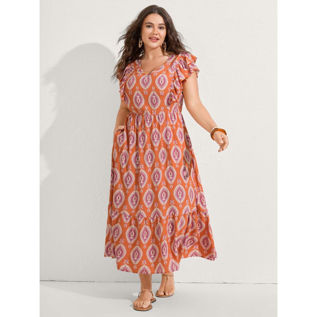 Plus Size Rayon Boho Print Pocket Midi Dress Coral Women V-neck Cap Sleeve Curvy BloomChic 18-20/2X Product Image