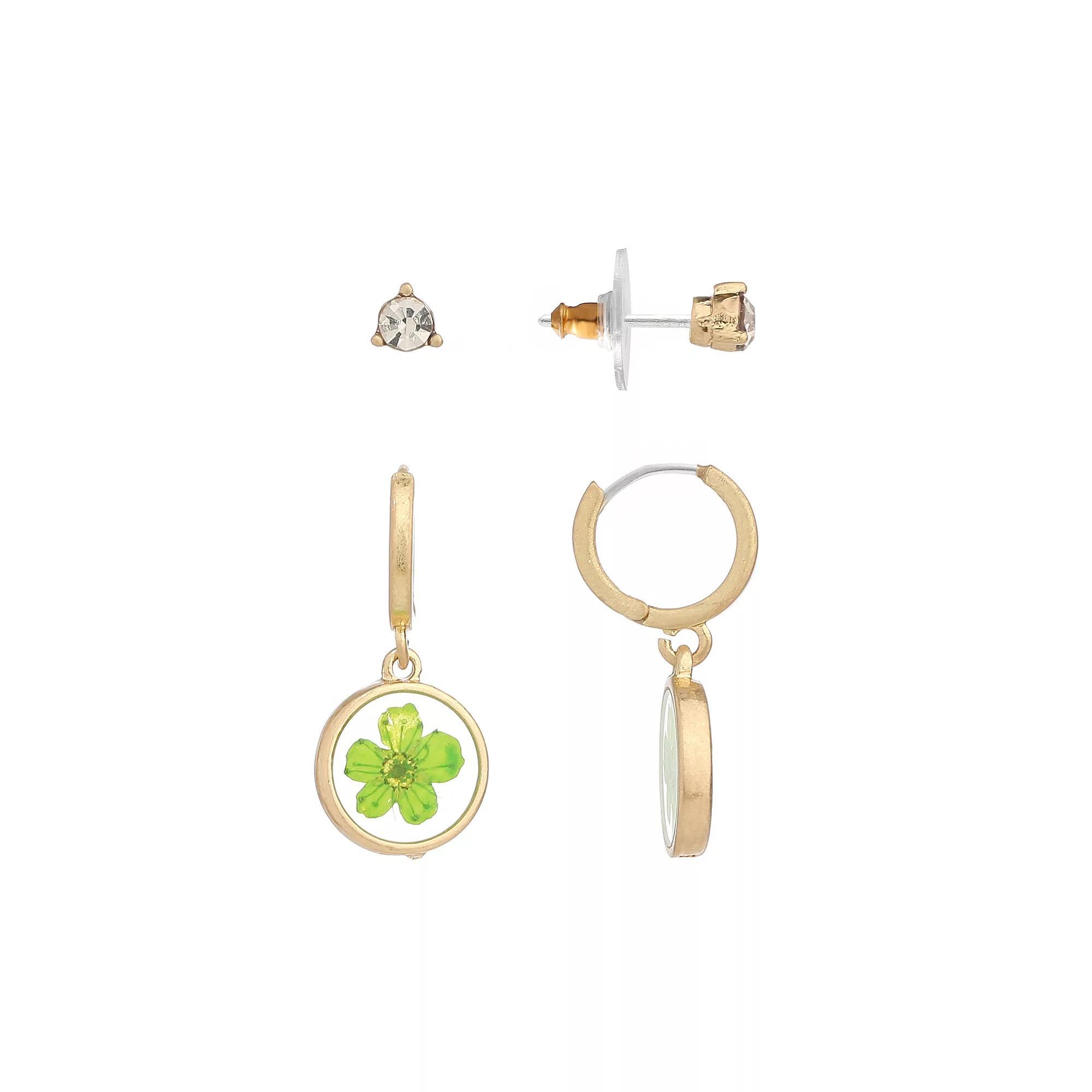 Bella Uno Worn Gold Cubic Zirconia Stud & Green Pressed Flower Charm Hoop Earring 2-piece Set, Women's, Gold Tone Product Image
