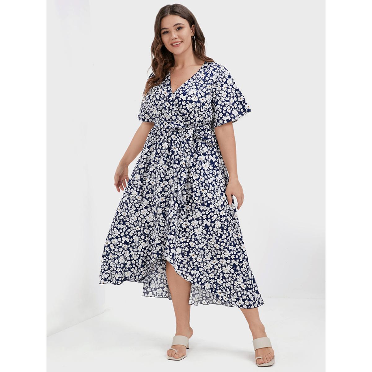 Plus Size Floral Belted Ruffles Split Pocket Wrap Dress DarkBlue Women Elegant Cross straps V-neck Short sleeve Curvy Midi Dress BloomChic 26/4X Product Image