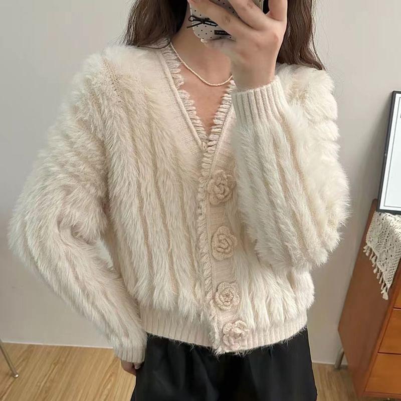 V-Neck Plain Fluffy Flower Button Crop Cardigan Product Image
