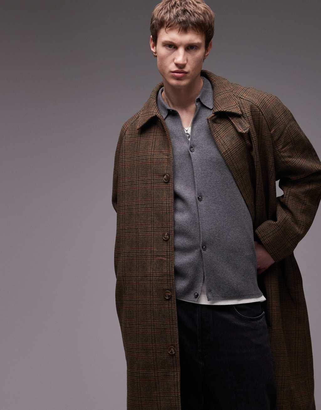 Topman wool plaid car coat in brown Product Image