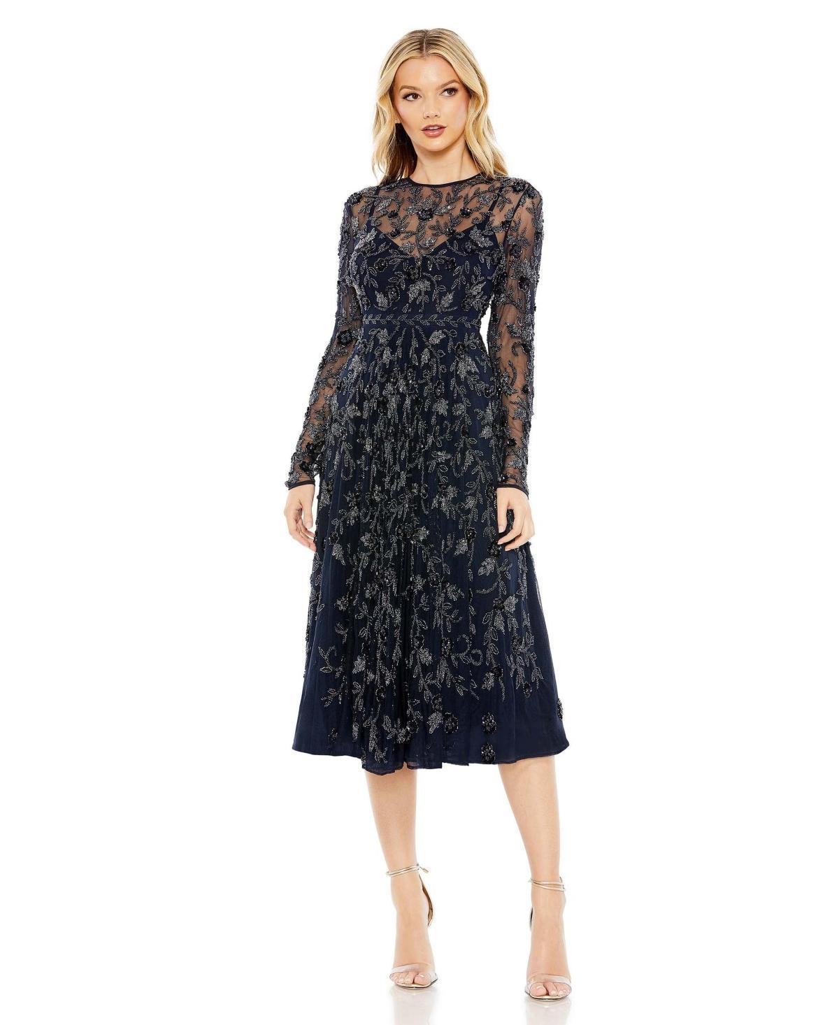 Womens Long-Sleeve Embellished Floral Midi-Dress Product Image