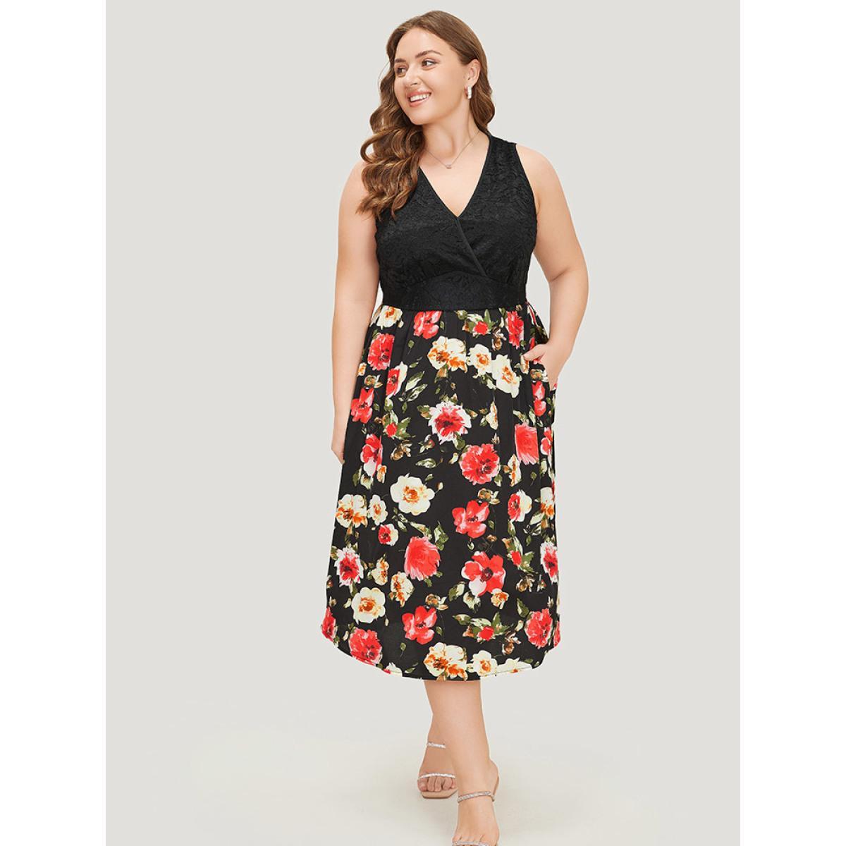 Plus Size Floral Patchwork Pocket Wrap Tank Dress Black Women Glamour Wrap V-neck Sleeveless Curvy Midi Dress BloomChic 30/6X Product Image