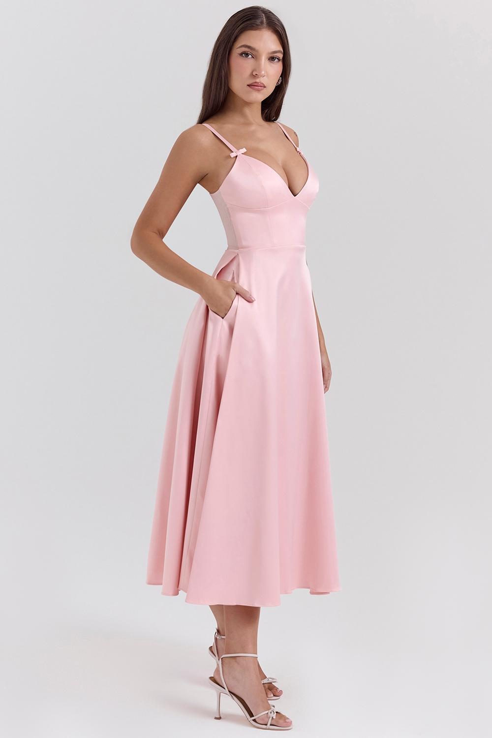 Tiffany  parisian pink satin a-line midi dress Product Image