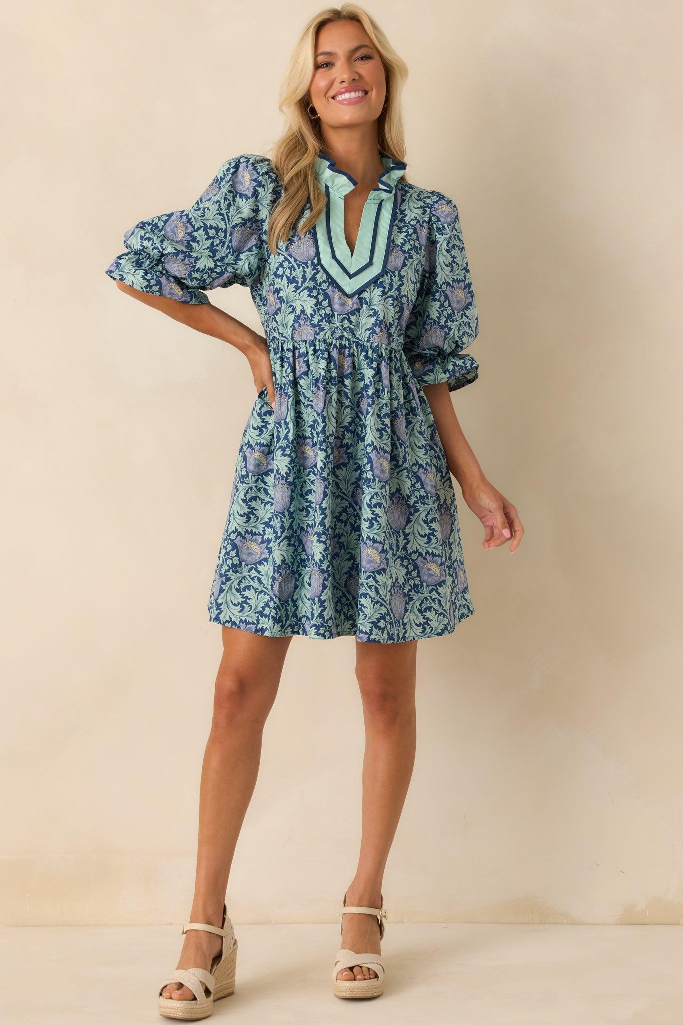 Let It Be Lovely Navy Multi Floral Print Cotton Mini Dress Product Image