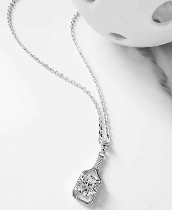 Pickleball Solitaire Paddle and Stone Silver  Necklace Product Image