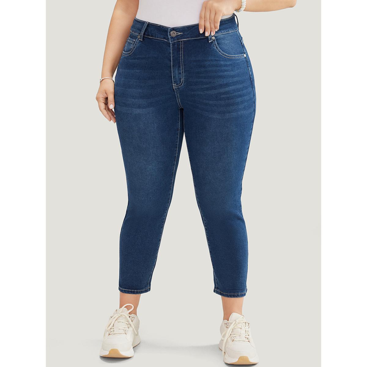 Plus Size Skinny Moderately Stretchy High Rise Dark Wash Jeans Women DarkBlue Casual Plain Medium stretch Jeans BloomChic 12/L Product Image