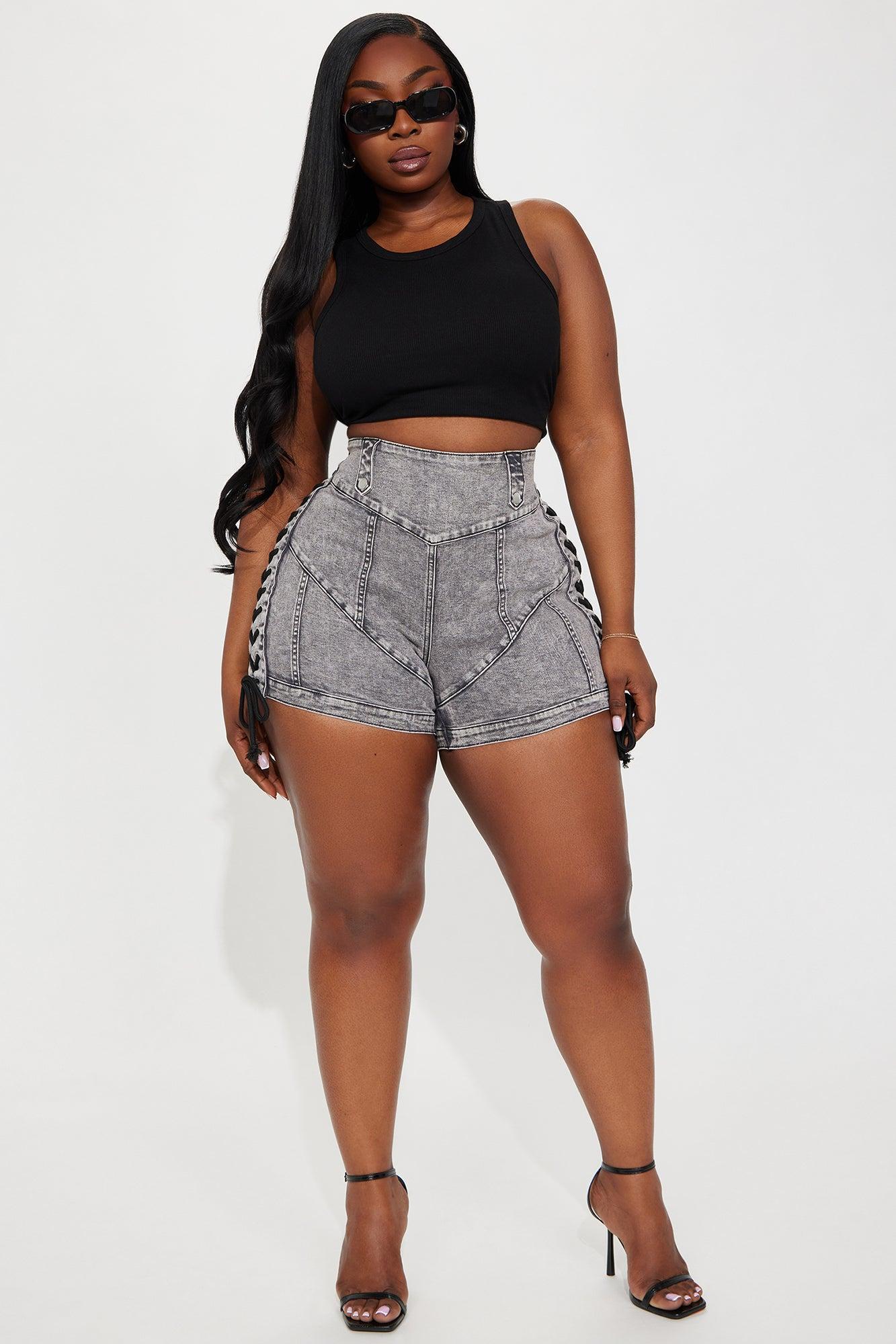 Most Likely Lace Up Stretch Denim Shorts - Grey Product Image