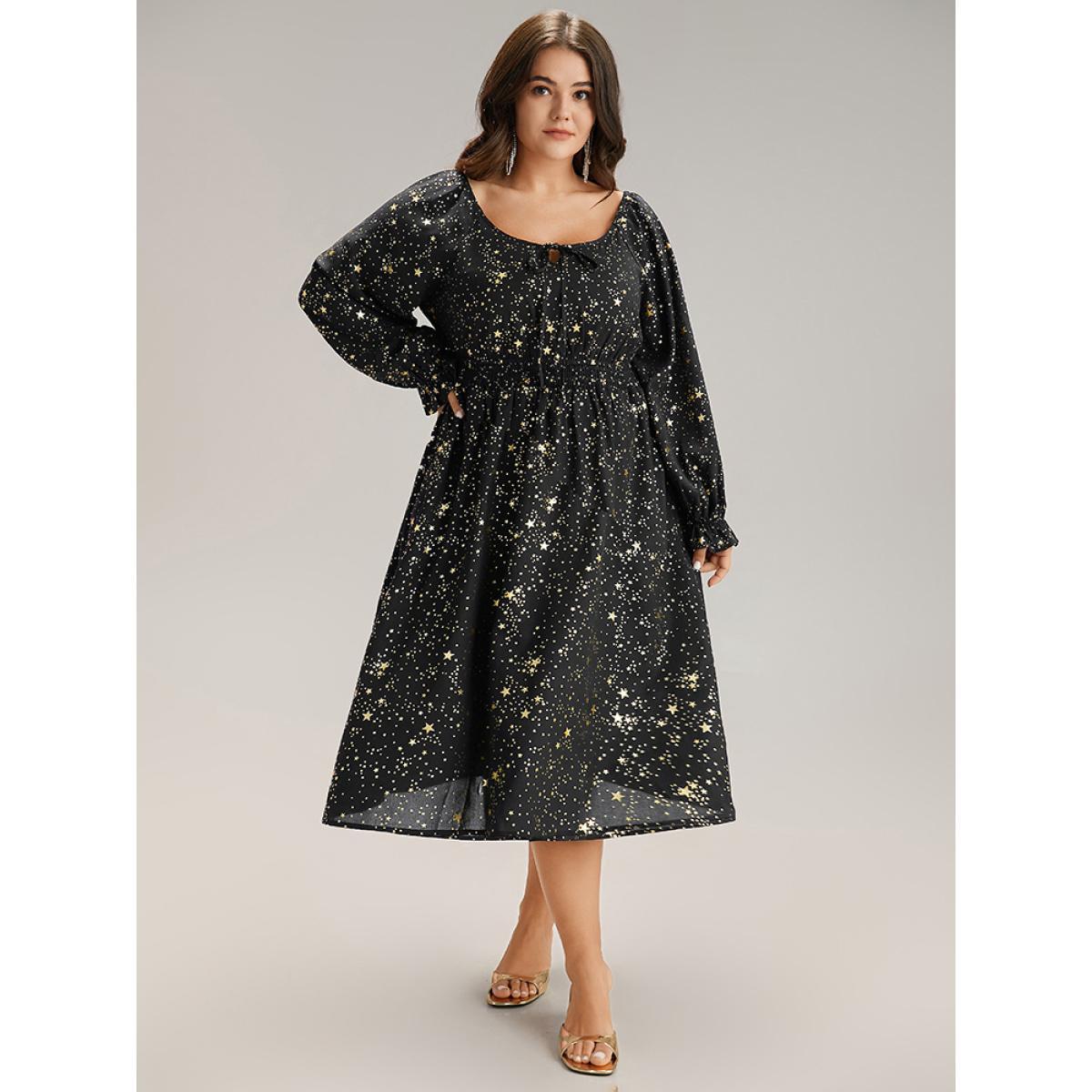 Plus Size Glitter Star Knot Neck Pocket Lantern Sleeve Dress Black Women Party Elastic cuffs Tie Neck Long Sleeve Curvy Midi Dress BloomChic 12/L Product Image